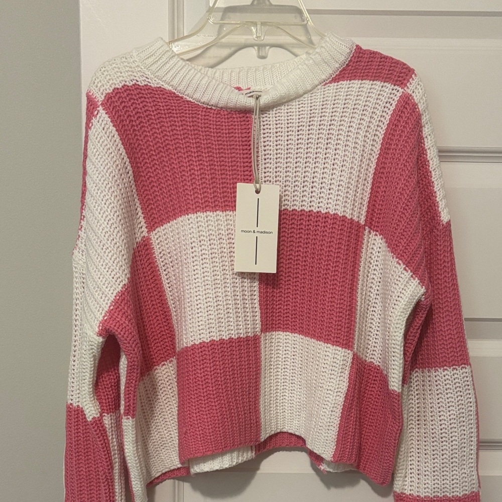 Pink and White Block Knit Sweater